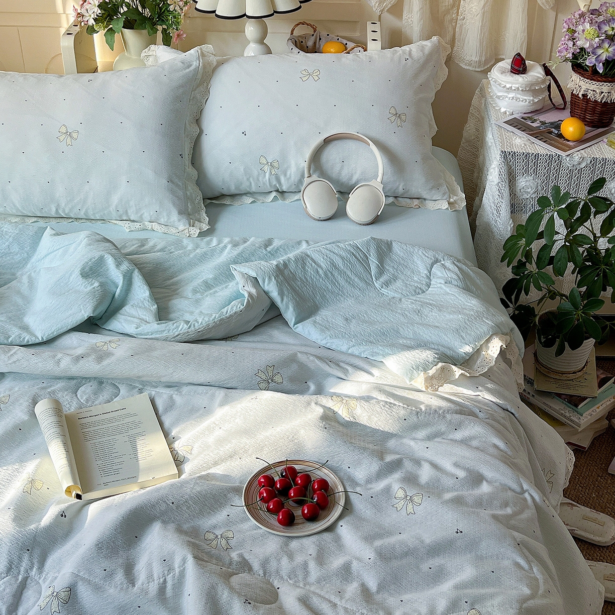 91家纺网 家纺一手货源 找家纺 瑞禾家纺 2026新款彩色花边木棉皱皱纱夏被四件套 初心蓝