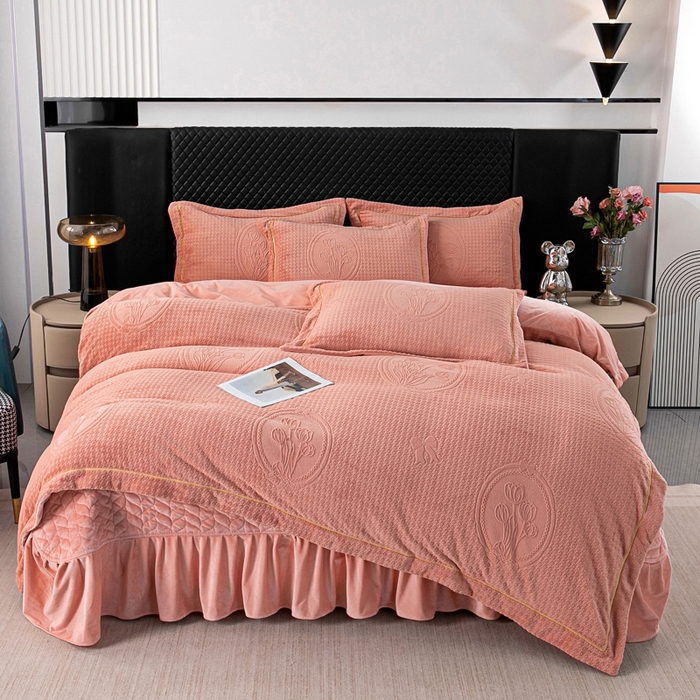 91家纺网 家纺一手货源 找家纺 莉迪娅 2026新款立体雕花牛奶绒床盖四件套-轻奢花语 轻奢花语-橘色