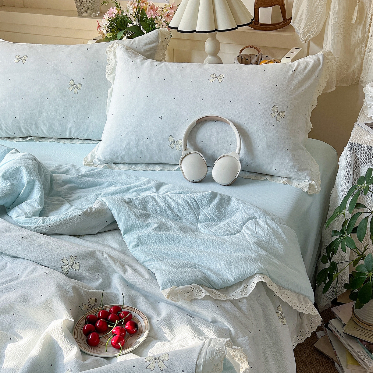 91家纺网 家纺一手货源 找家纺 瑞禾家纺 2026新款彩色花边木棉皱皱纱夏被四件套 初心蓝