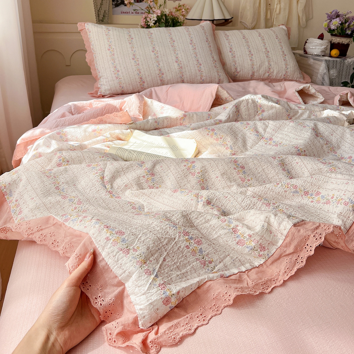 瑞禾家纺 2026新款彩色花边木棉皱皱纱夏被四件套 扶摇