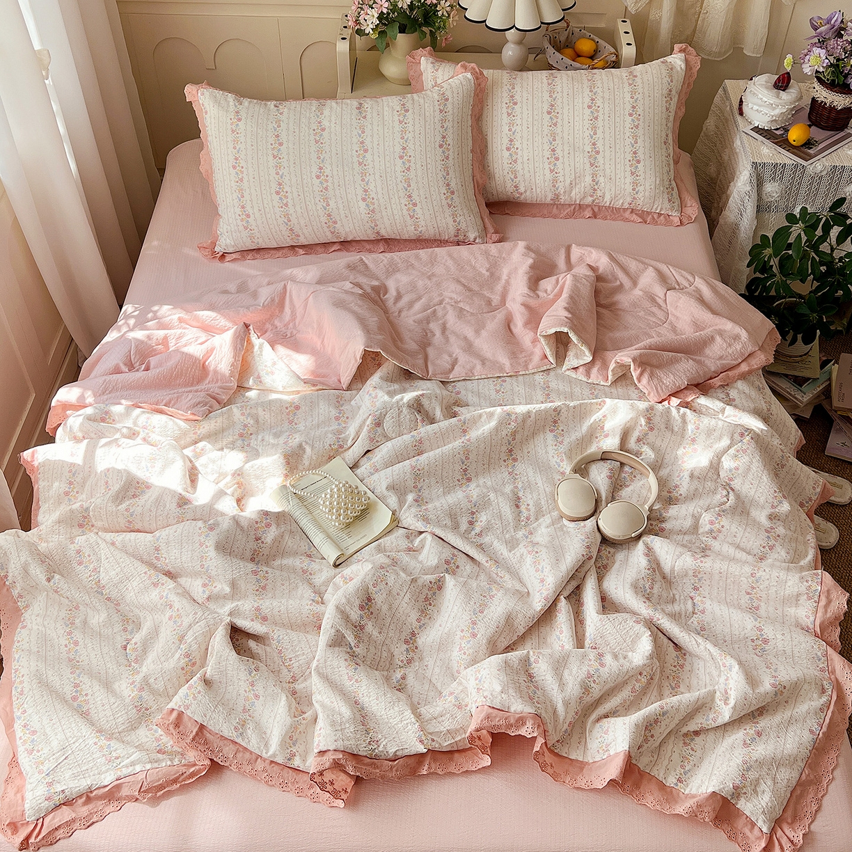 91家纺网 家纺一手货源 找家纺 瑞禾家纺 2026新款彩色花边木棉皱皱纱夏被四件套 扶摇