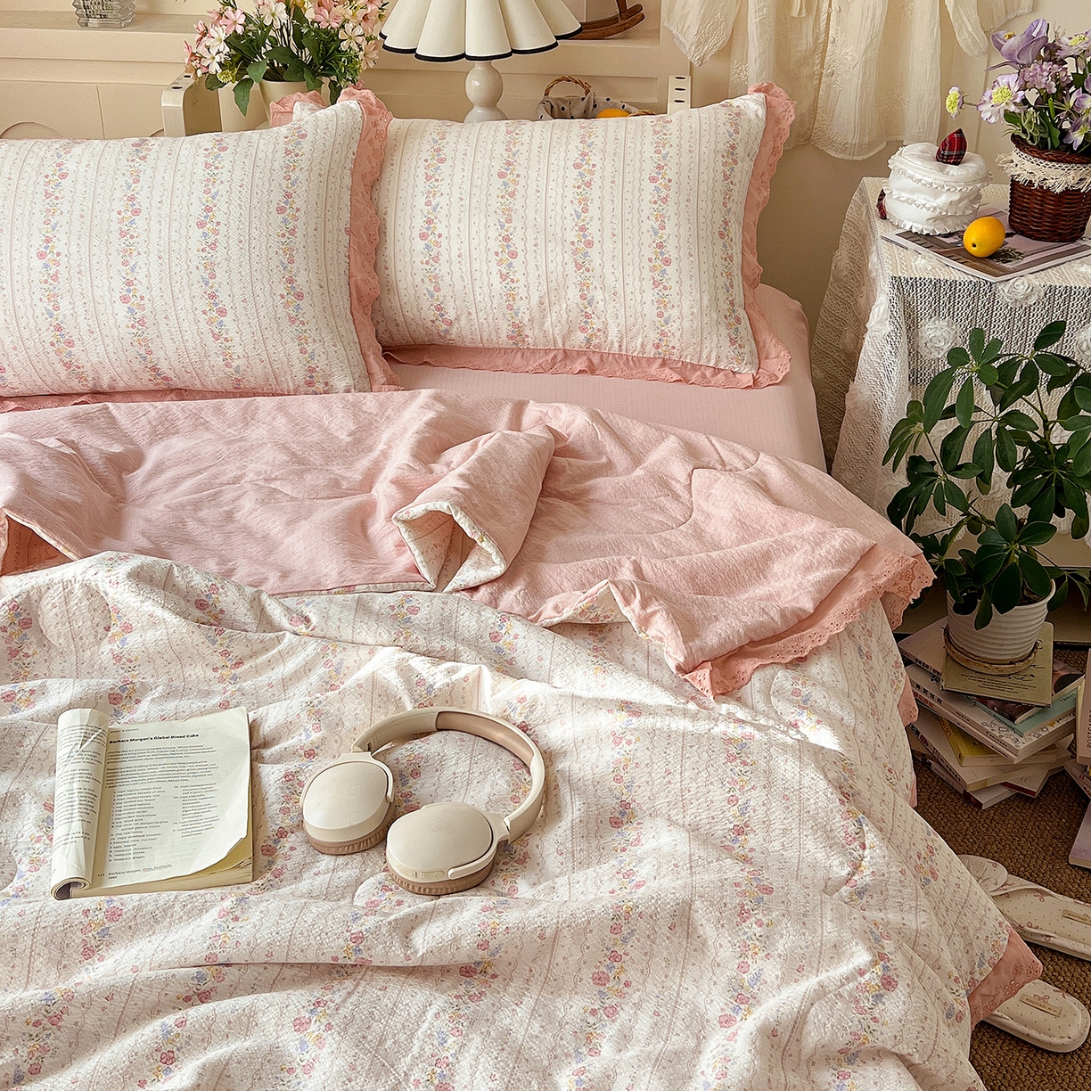 91家纺网 家纺一手货源 找家纺 瑞禾家纺 2026新款彩色花边木棉皱皱纱夏被四件套 扶摇