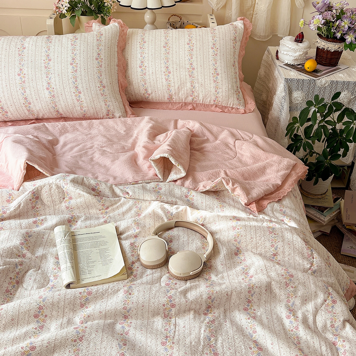 91家纺网 家纺一手货源 找家纺 瑞禾家纺 2026新款彩色花边木棉皱皱纱夏被四件套 扶摇