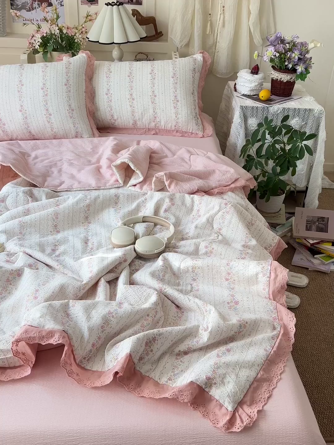 91家纺网 家纺一手货源 找家纺 瑞禾家纺 2026新款彩色花边木棉皱皱纱夏被四件套 扶摇