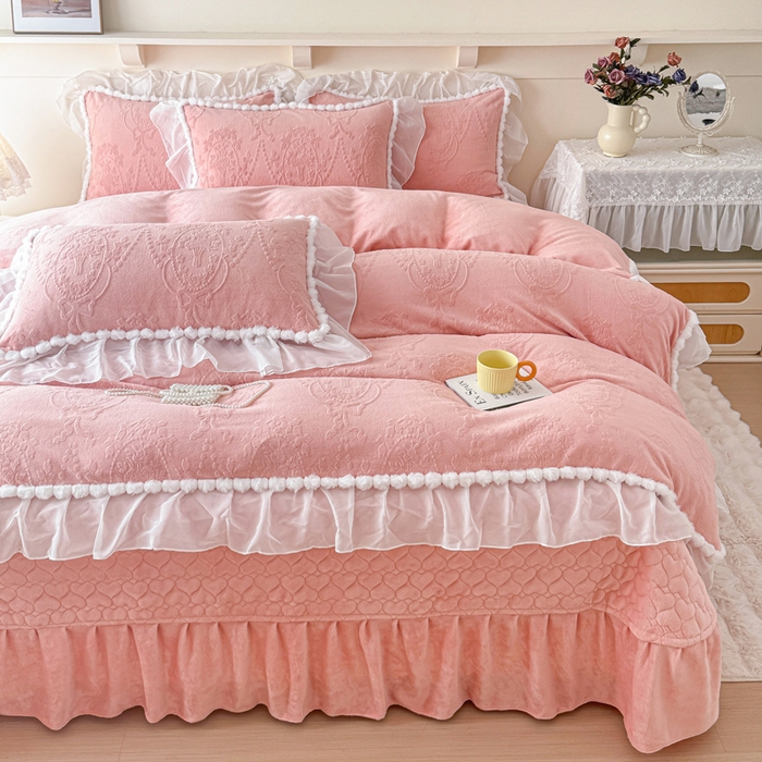 91家纺网 家纺一手货源 找家纺 莉迪娅 2026新款230克全消光立体雕花牛奶绒夹棉床盖四件套法式大花边兔毛绒毛球加棉加厚保暖三四件套-唯爱 唯爱-粉