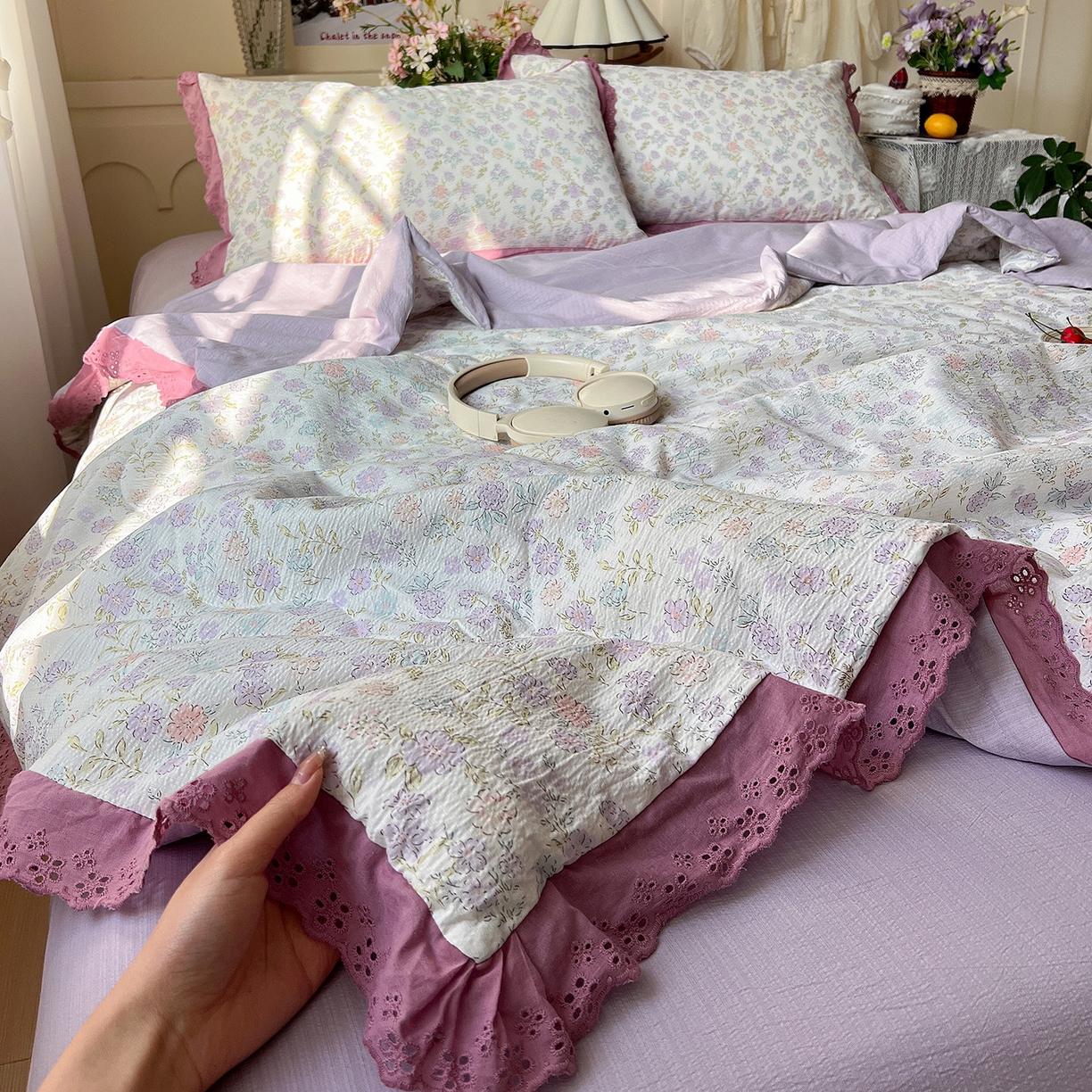 瑞禾家纺 2026新款彩色花边木棉皱皱纱夏被四件套 花漫漫