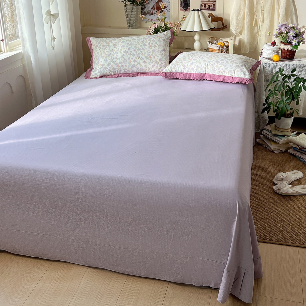 91家纺网 家纺一手货源 找家纺 瑞禾家纺 2026新款彩色花边木棉皱皱纱夏被四件套 花漫漫