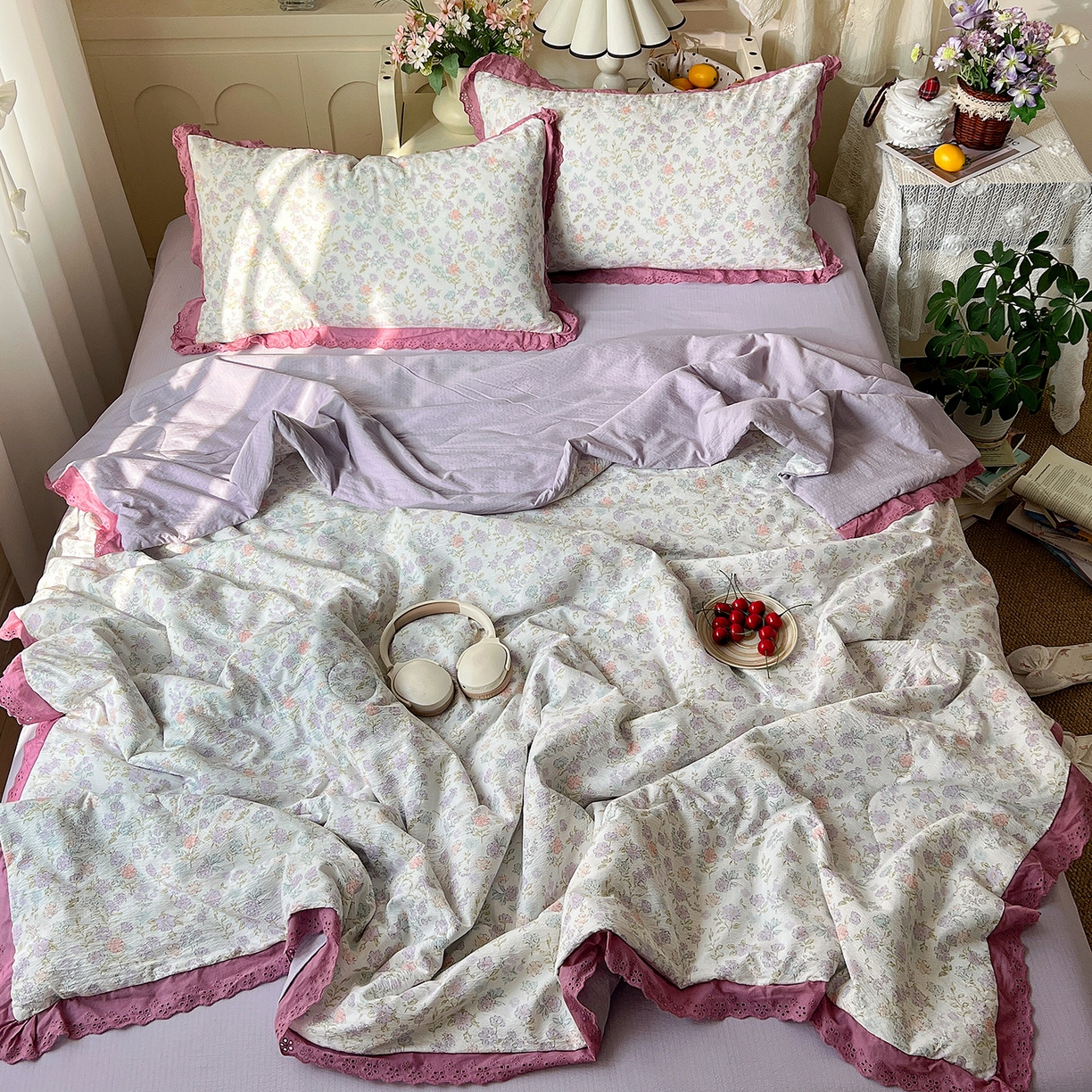 91家纺网 家纺一手货源 找家纺 瑞禾家纺 2026新款彩色花边木棉皱皱纱夏被四件套 花漫漫