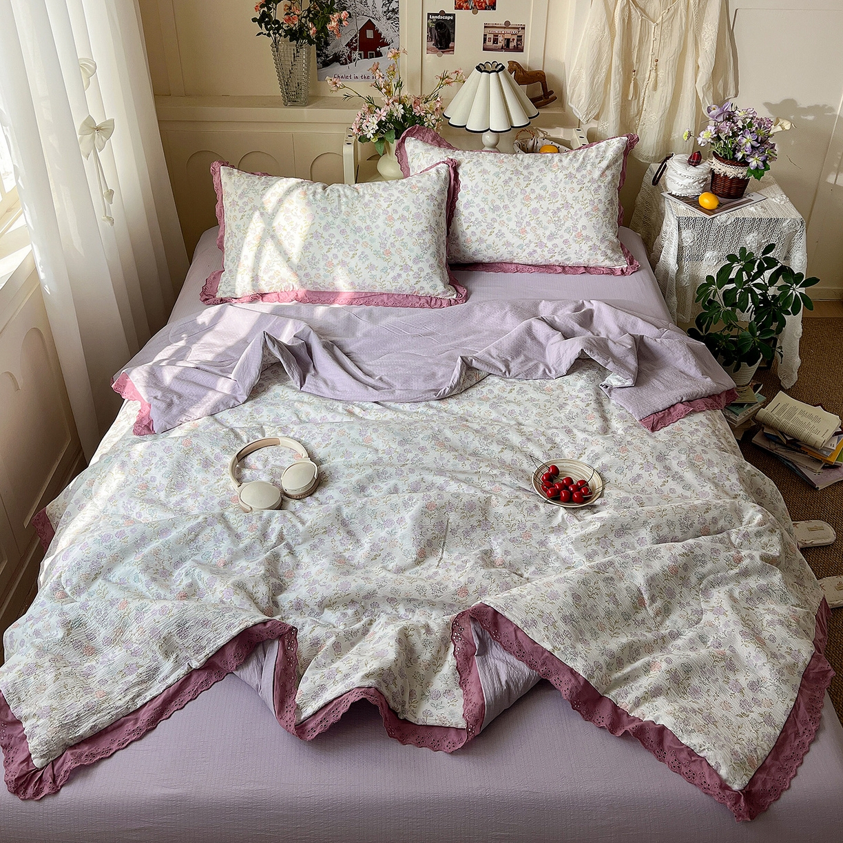 91家纺网 家纺一手货源 找家纺 瑞禾家纺 2026新款彩色花边木棉皱皱纱夏被四件套 花漫漫