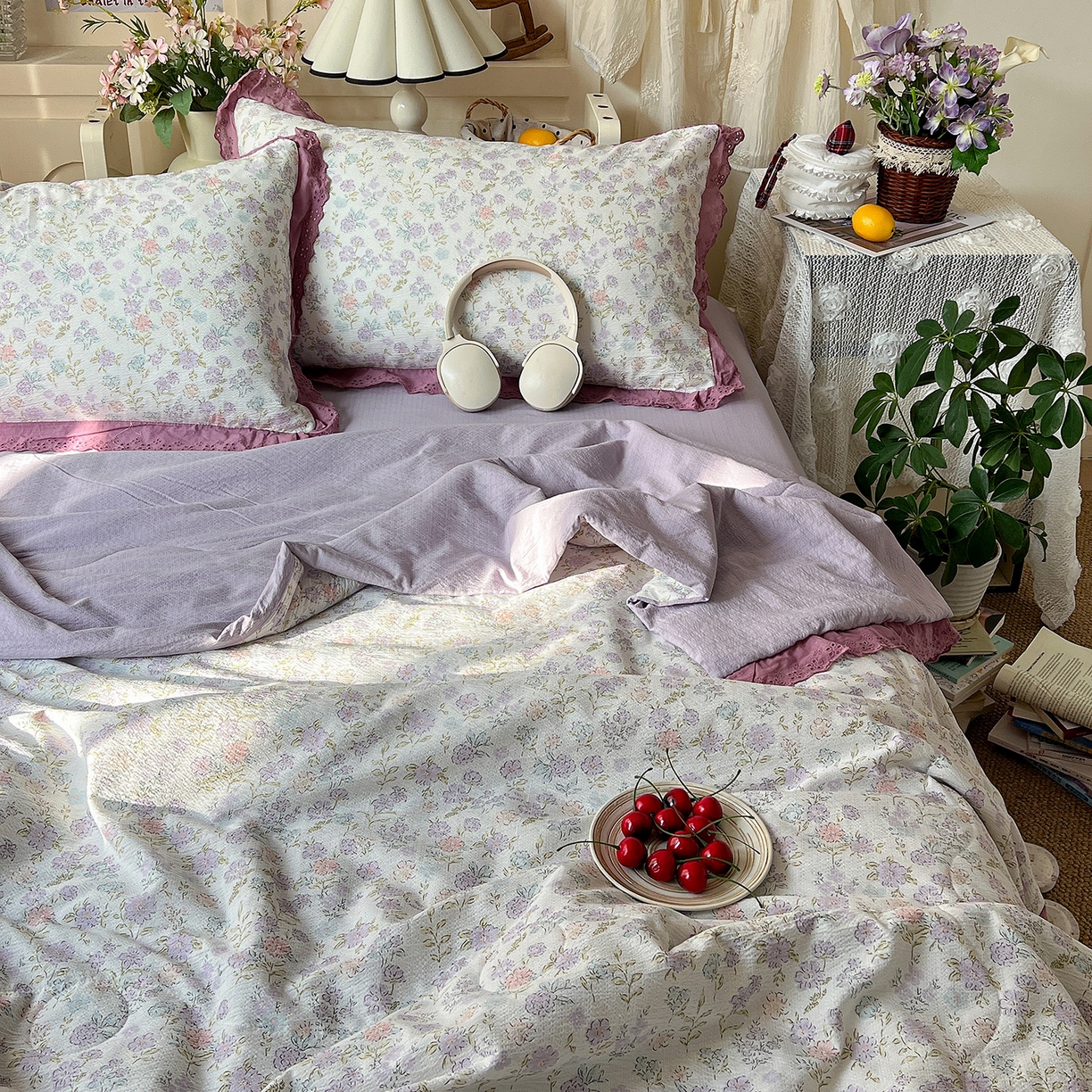 91家纺网 家纺一手货源 找家纺 瑞禾家纺 2026新款彩色花边木棉皱皱纱夏被四件套 花漫漫