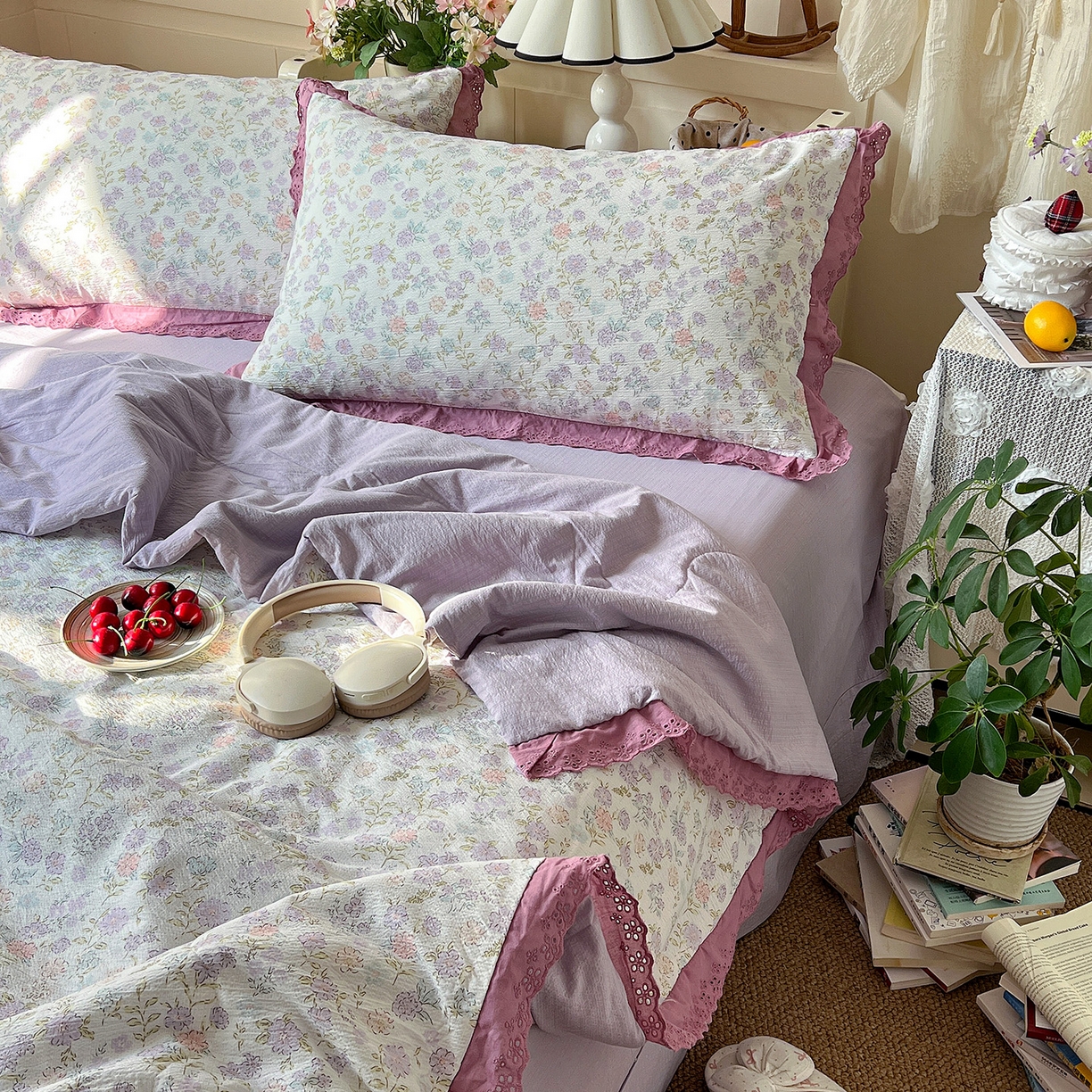 91家纺网 家纺一手货源 找家纺 瑞禾家纺 2026新款彩色花边木棉皱皱纱夏被四件套 花漫漫