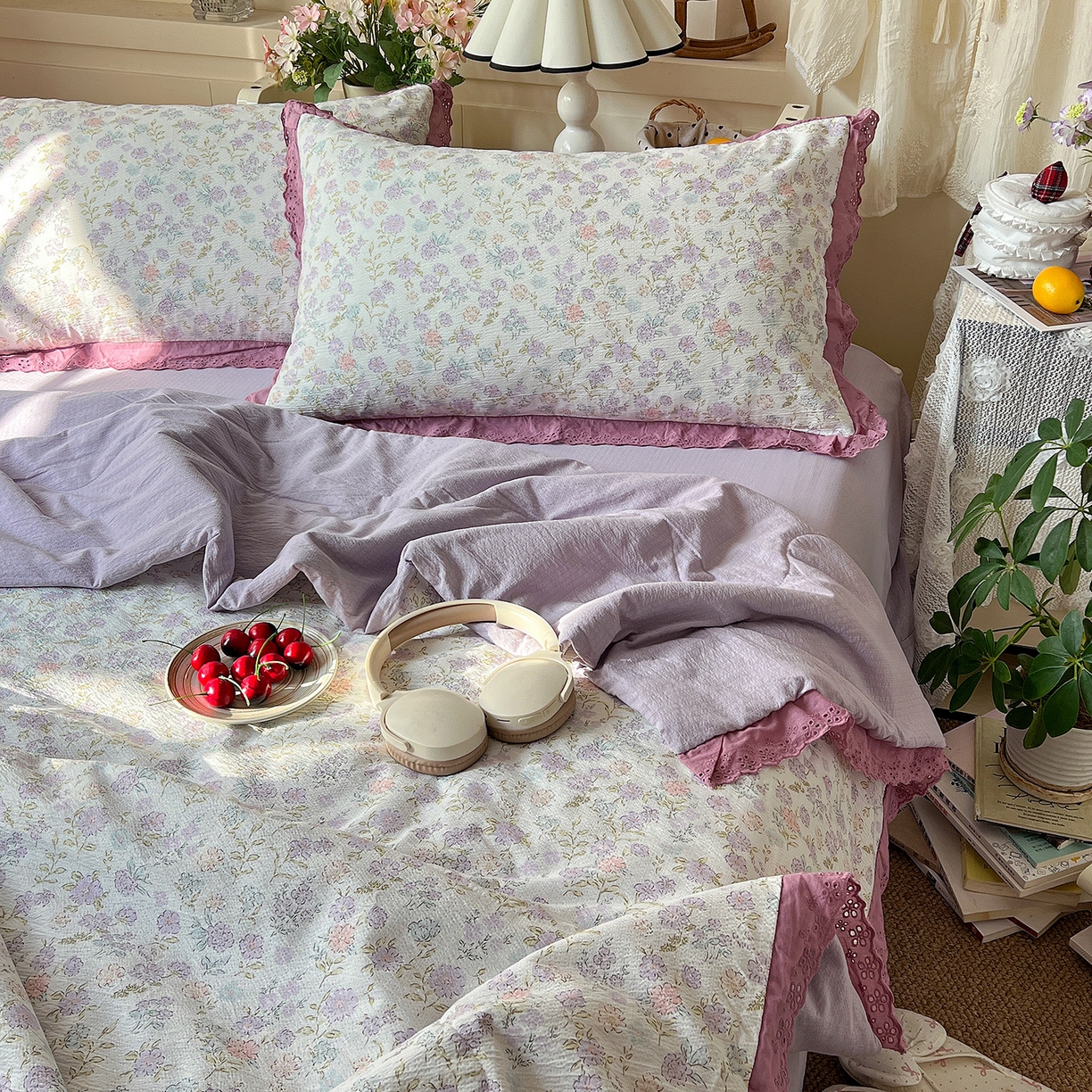 91家纺网 家纺一手货源 找家纺 瑞禾家纺 2026新款彩色花边木棉皱皱纱夏被四件套 花漫漫