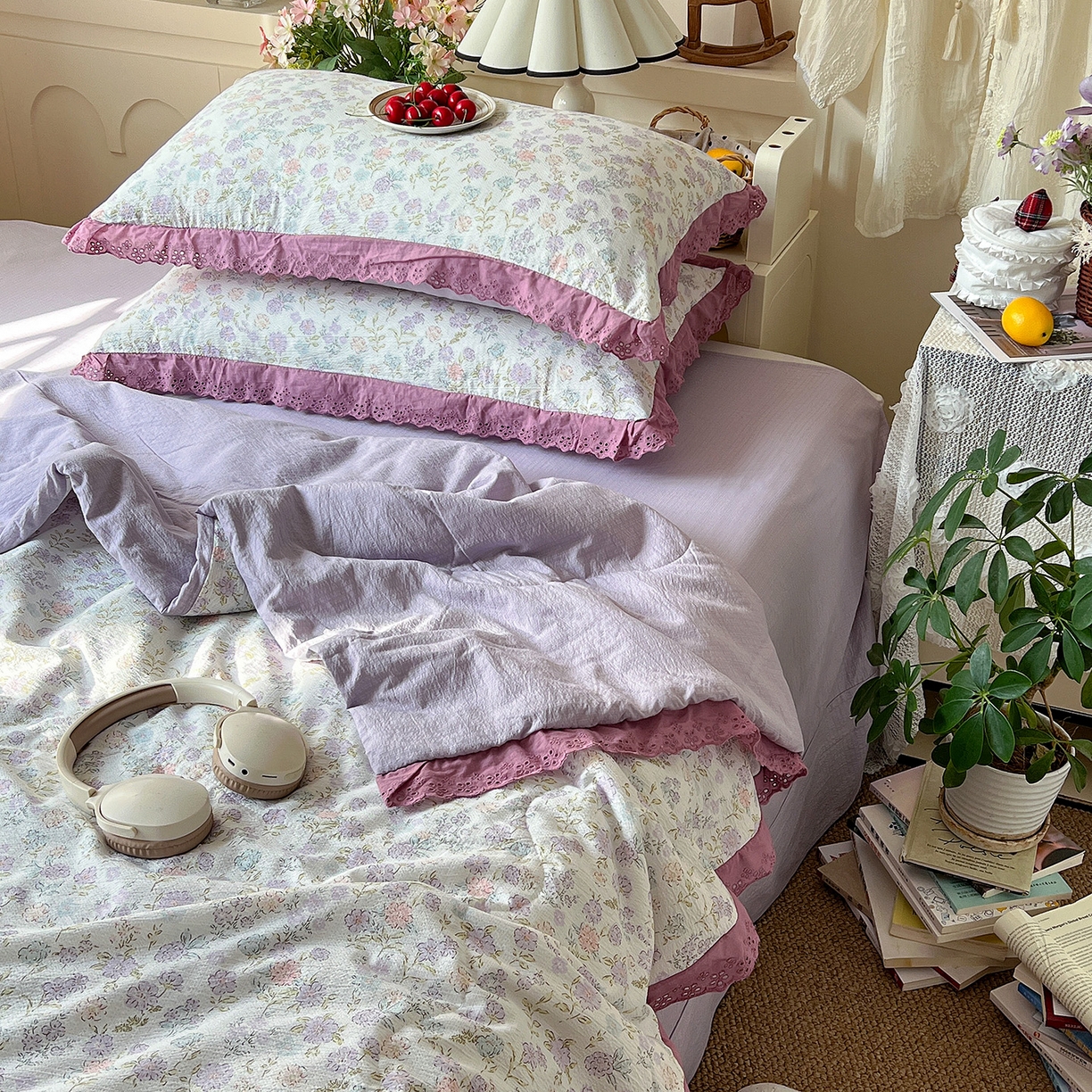 91家纺网 家纺一手货源 找家纺 瑞禾家纺 2026新款彩色花边木棉皱皱纱夏被四件套 花漫漫