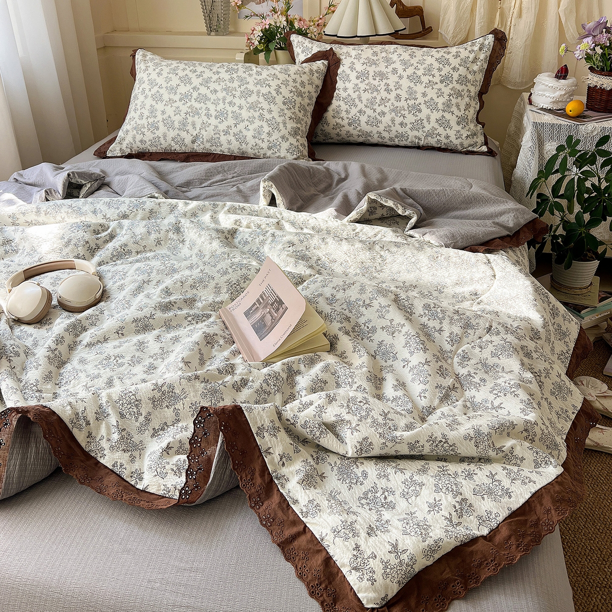 91家纺网 家纺一手货源 找家纺 瑞禾家纺 2026新款彩色花边木棉皱皱纱夏被四件套 阑珊