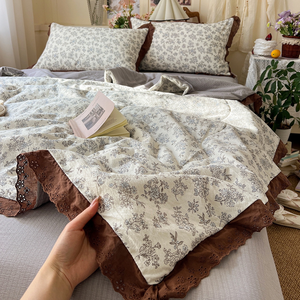 91家纺网 家纺一手货源 找家纺 瑞禾家纺 2026新款彩色花边木棉皱皱纱夏被四件套 阑珊