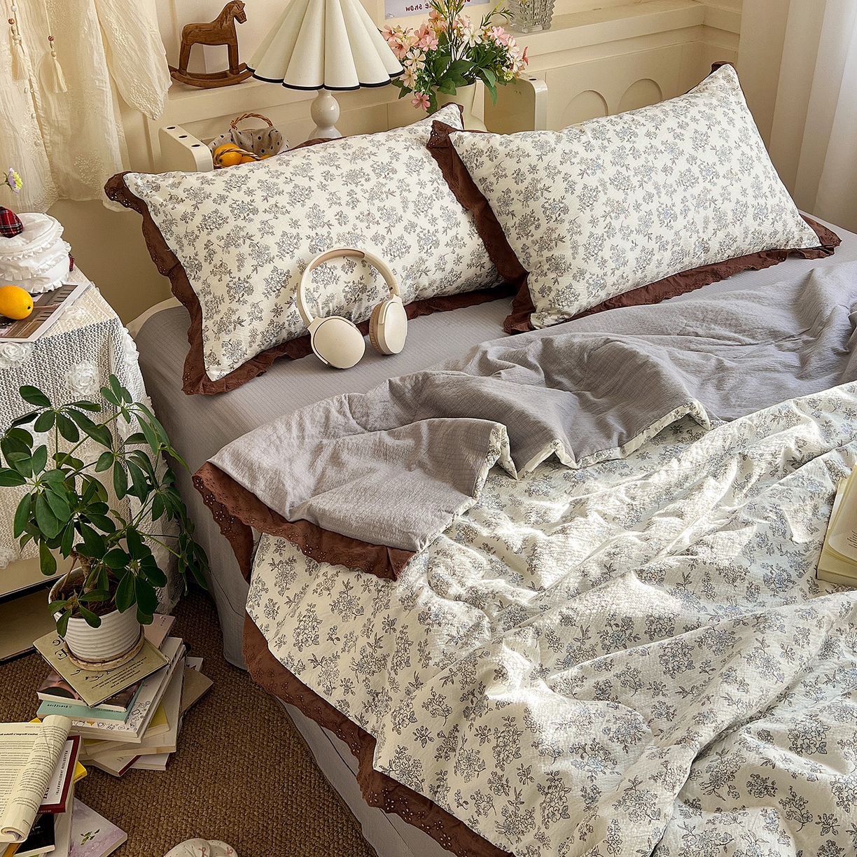 91家纺网 家纺一手货源 找家纺 瑞禾家纺 2026新款彩色花边木棉皱皱纱夏被四件套 阑珊