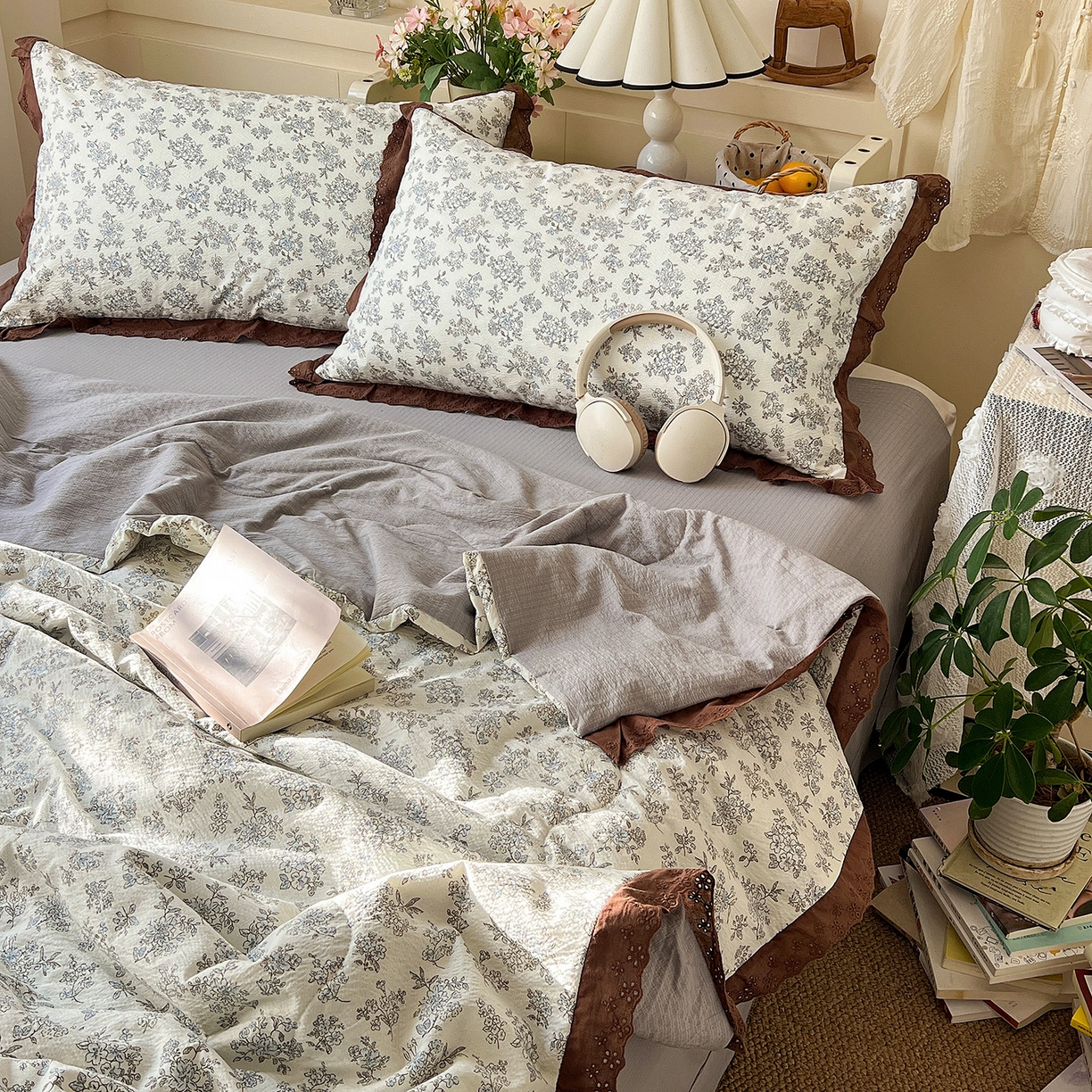 91家纺网 家纺一手货源 找家纺 瑞禾家纺 2026新款彩色花边木棉皱皱纱夏被四件套 阑珊