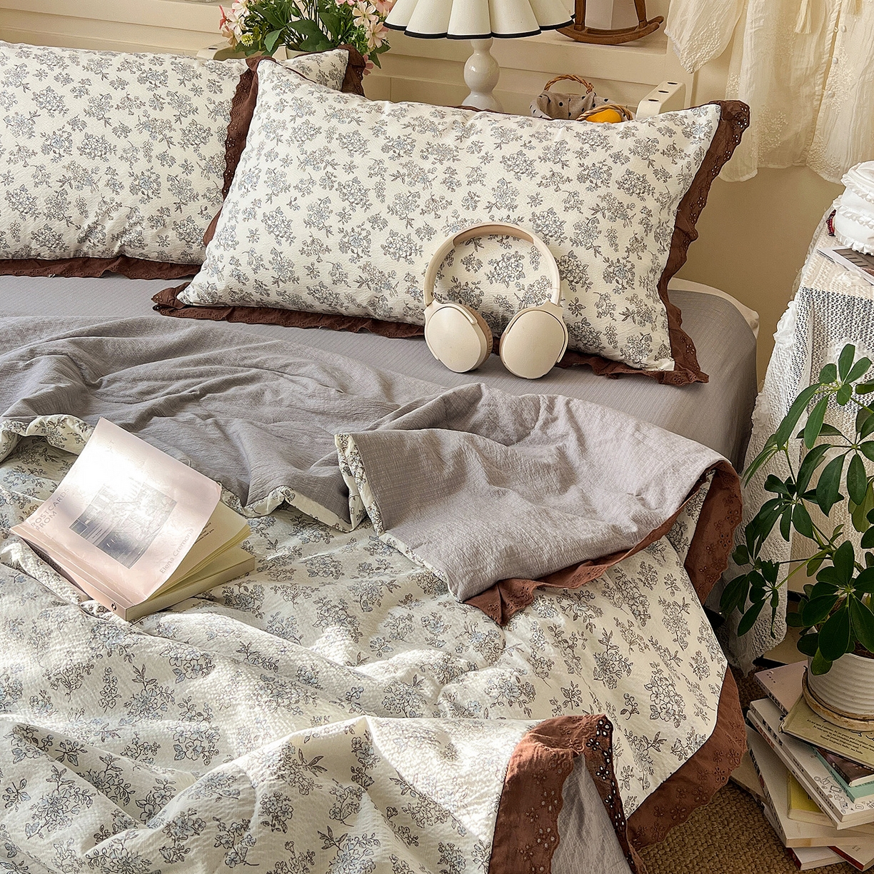 91家纺网 家纺一手货源 找家纺 瑞禾家纺 2026新款彩色花边木棉皱皱纱夏被四件套 阑珊