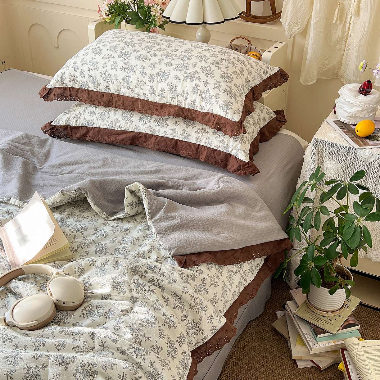 91家纺网 家纺一手货源 找家纺 瑞禾家纺 2026新款彩色花边木棉皱皱纱夏被四件套 阑珊