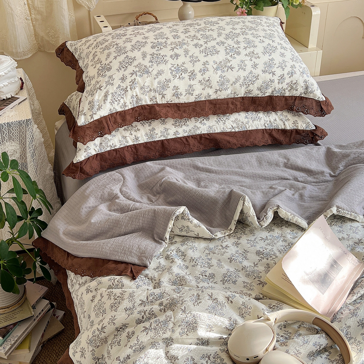 91家纺网 家纺一手货源 找家纺 瑞禾家纺 2026新款彩色花边木棉皱皱纱夏被四件套 阑珊