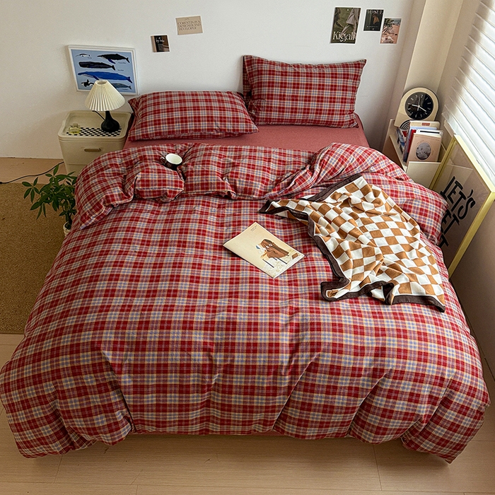 91家纺网 家纺一手货源 找家纺 大柏树 2026新款全棉纯棉水洗棉四件套 布雷红