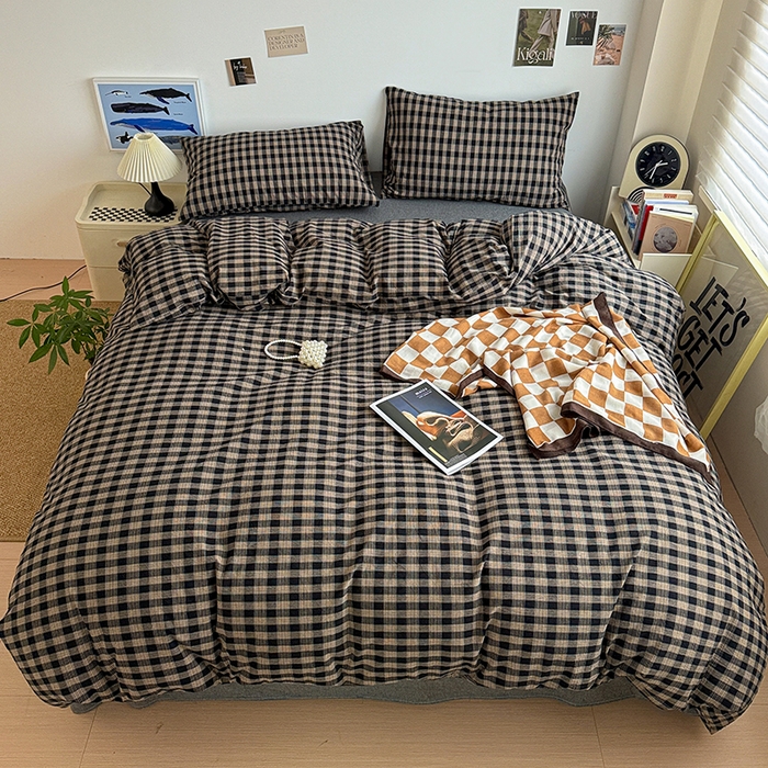 91家纺网 家纺一手货源 找家纺 大柏树 2026新款全棉纯棉水洗棉四件套 重楼黑