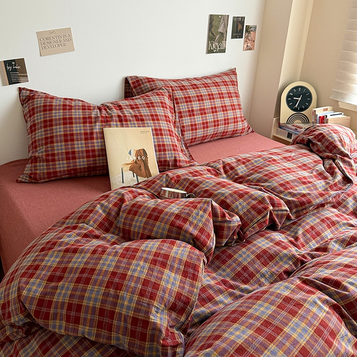 91家纺网 家纺一手货源 找家纺 大柏树 2026新款全棉纯棉水洗棉四件套 布雷红