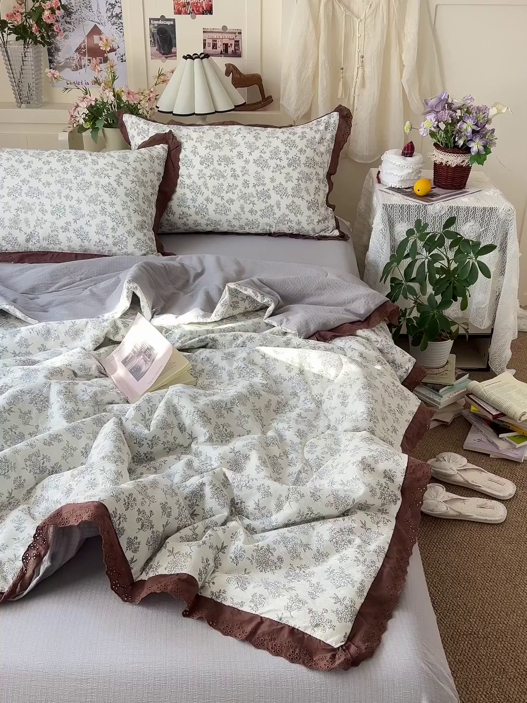 91家纺网 家纺一手货源 找家纺 瑞禾家纺 2026新款彩色花边木棉皱皱纱夏被四件套 阑珊