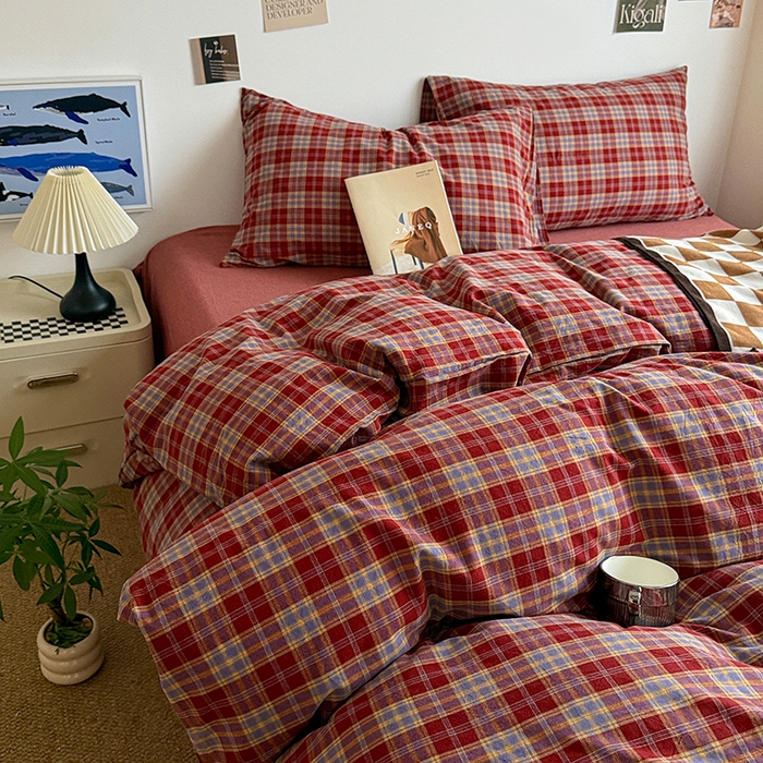 91家纺网 家纺一手货源 找家纺 大柏树 2026新款全棉纯棉水洗棉四件套 布雷红