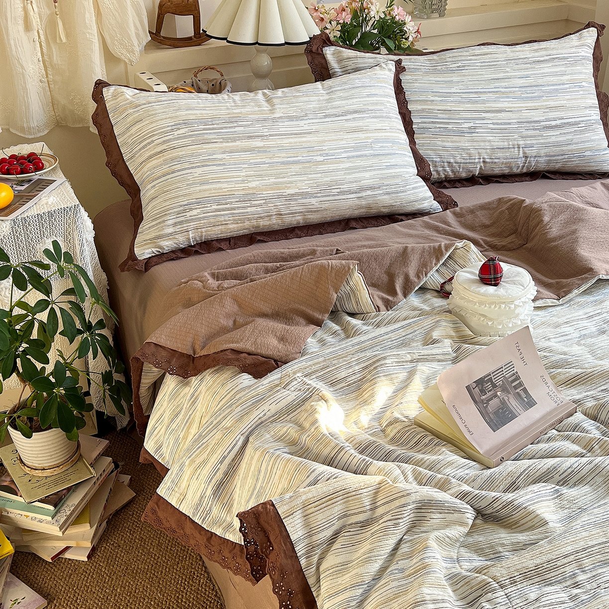 91家纺网 家纺一手货源 找家纺 瑞禾家纺 2026新款彩色花边木棉皱皱纱夏被四件套 罗卡