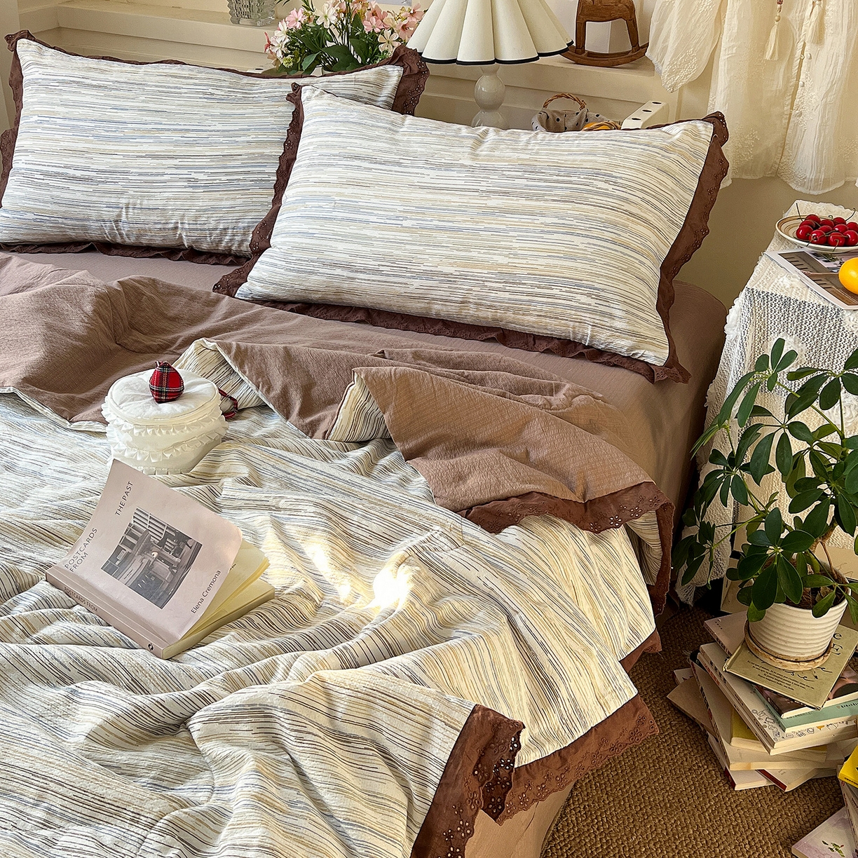 91家纺网 家纺一手货源 找家纺 瑞禾家纺 2026新款彩色花边木棉皱皱纱夏被四件套 罗卡