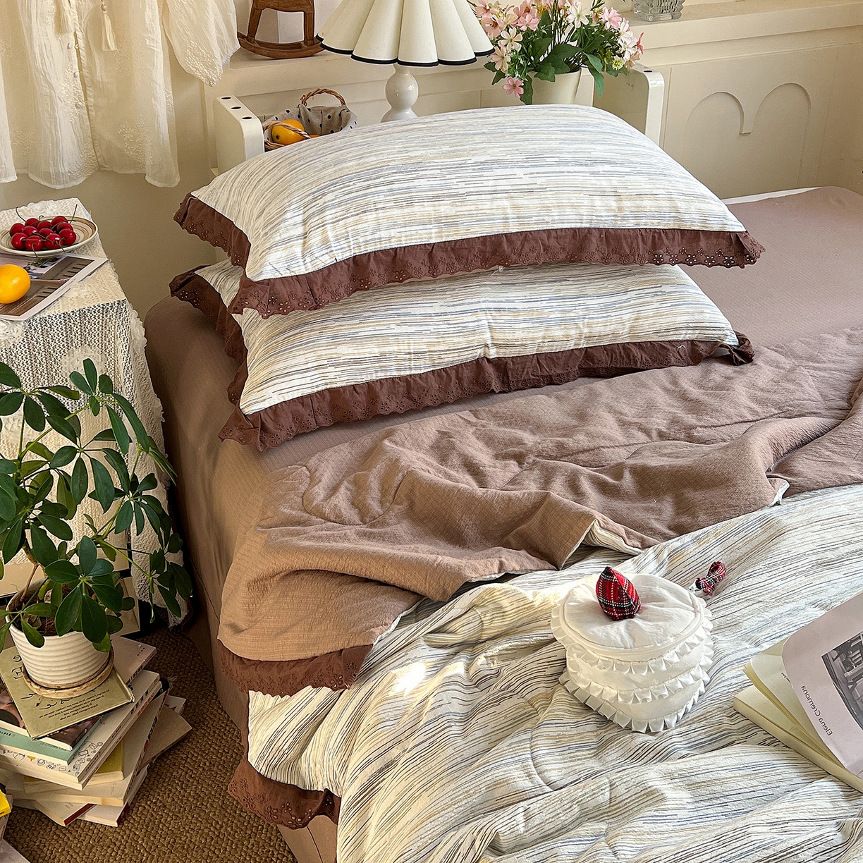 91家纺网 家纺一手货源 找家纺 瑞禾家纺 2026新款彩色花边木棉皱皱纱夏被四件套 罗卡