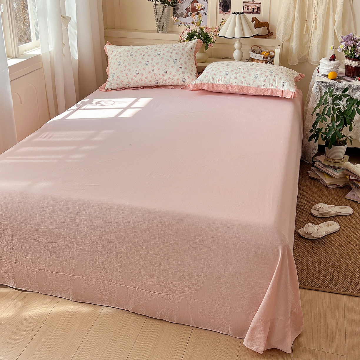 91家纺网 家纺一手货源 找家纺 瑞禾家纺 2026新款彩色花边木棉皱皱纱夏被四件套 奶芙喵