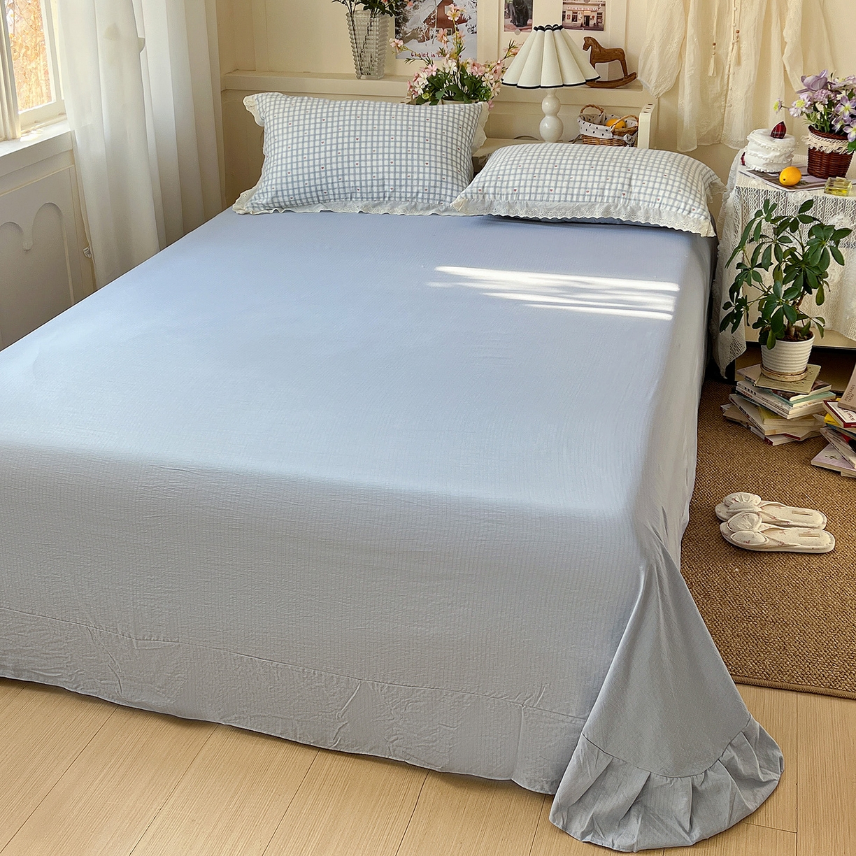 91家纺网 家纺一手货源 找家纺 瑞禾家纺 2026新款彩色花边木棉皱皱纱夏被四件套 甜心格格