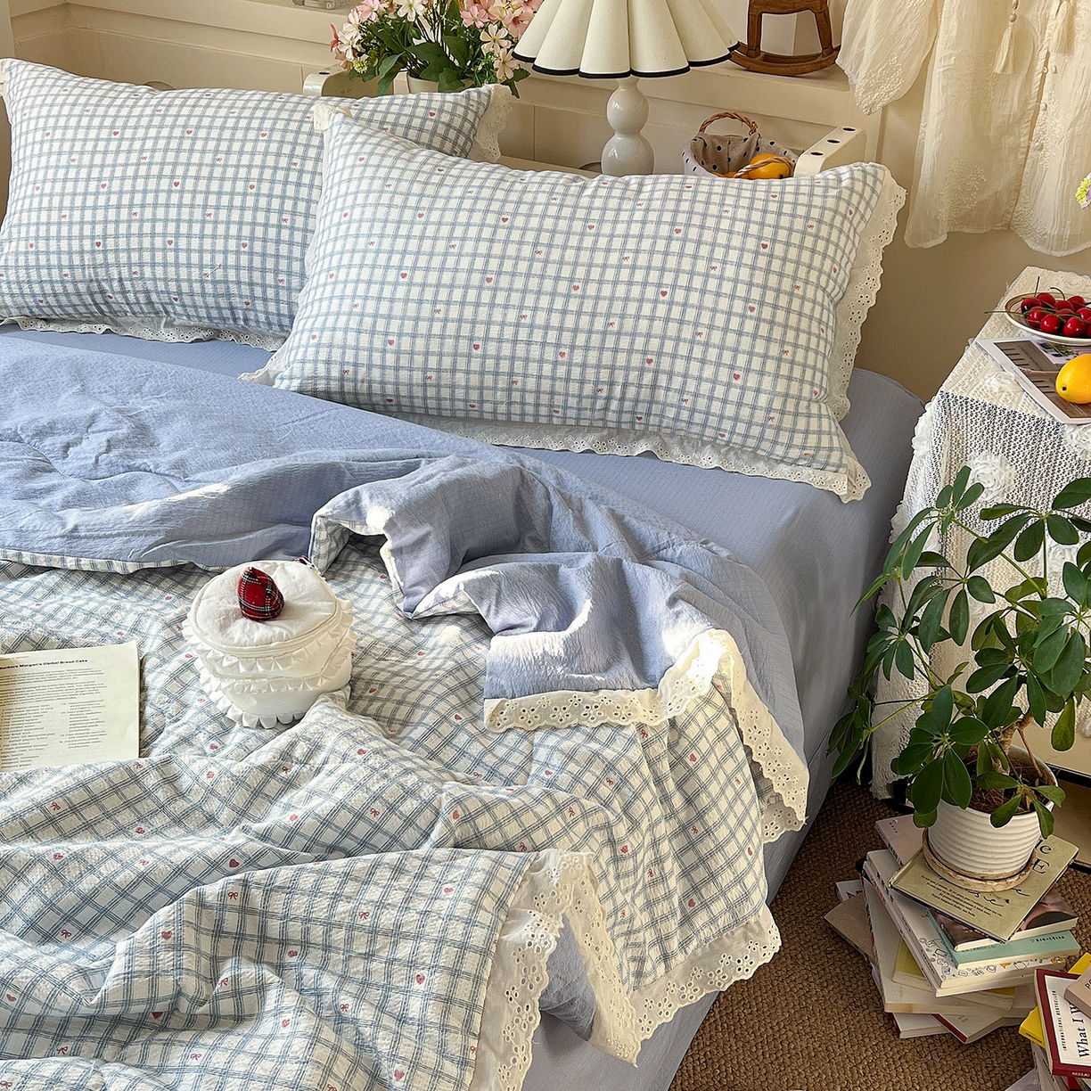 91家纺网 家纺一手货源 找家纺 瑞禾家纺 2026新款彩色花边木棉皱皱纱夏被四件套 甜心格格