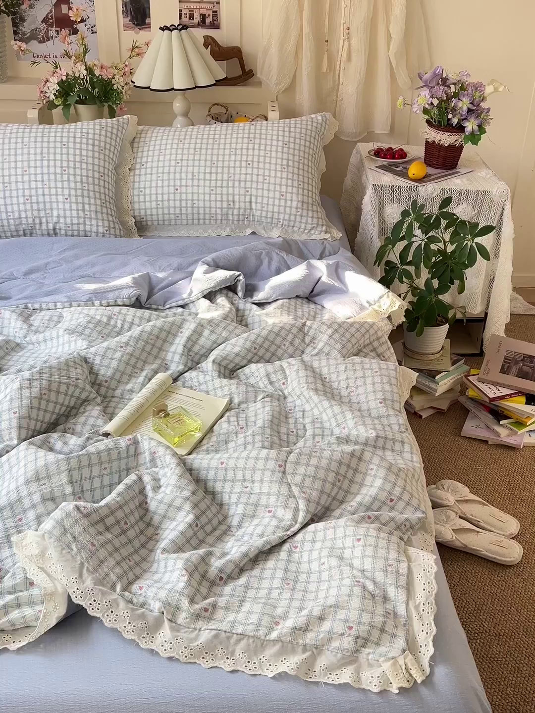 91家纺网 家纺一手货源 找家纺 瑞禾家纺 2026新款彩色花边木棉皱皱纱夏被四件套 甜心格格