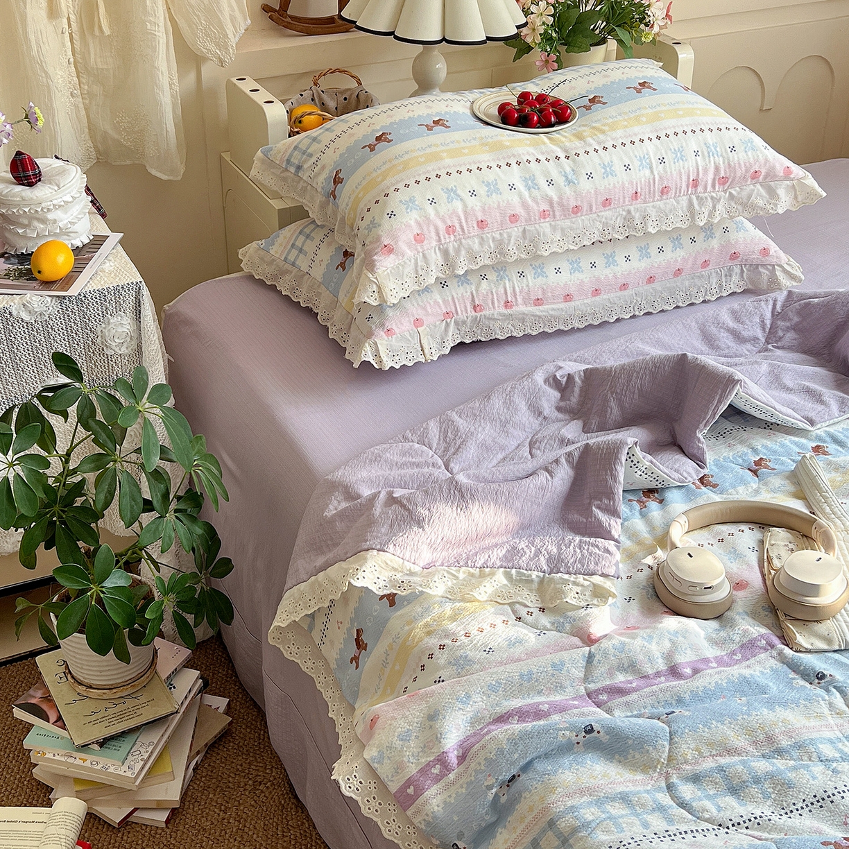 91家纺网 家纺一手货源 找家纺 瑞禾家纺 2026新款彩色花边木棉皱皱纱夏被四件套 小马驹