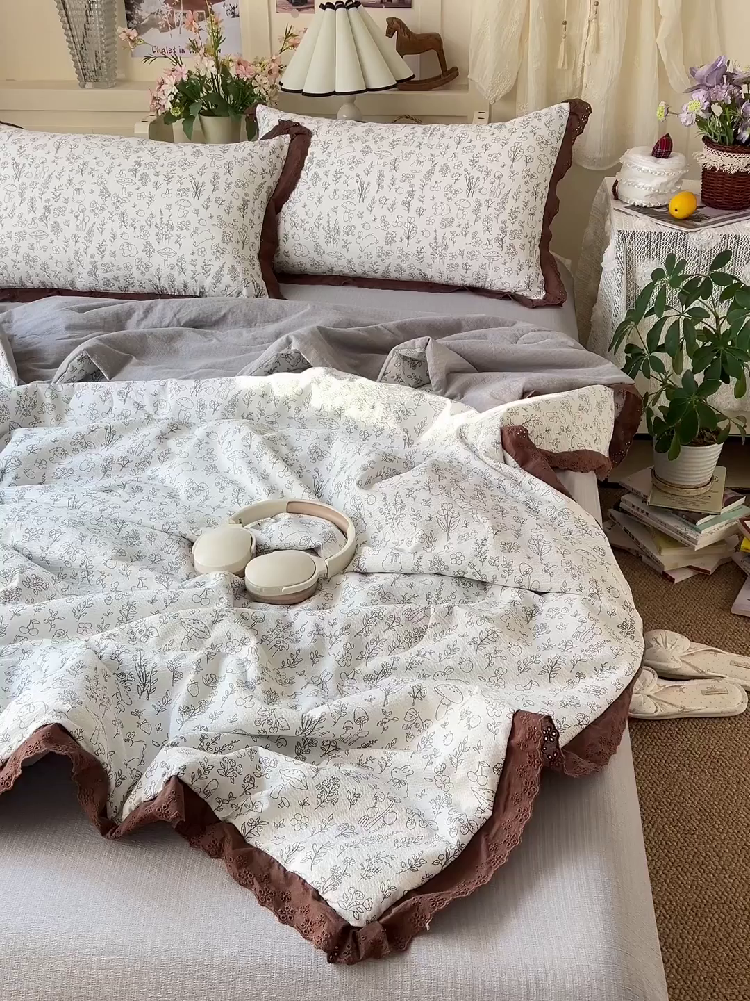 91家纺网 家纺一手货源 找家纺 瑞禾家纺 2026新款彩色花边木棉皱皱纱夏被四件套 野餐兔