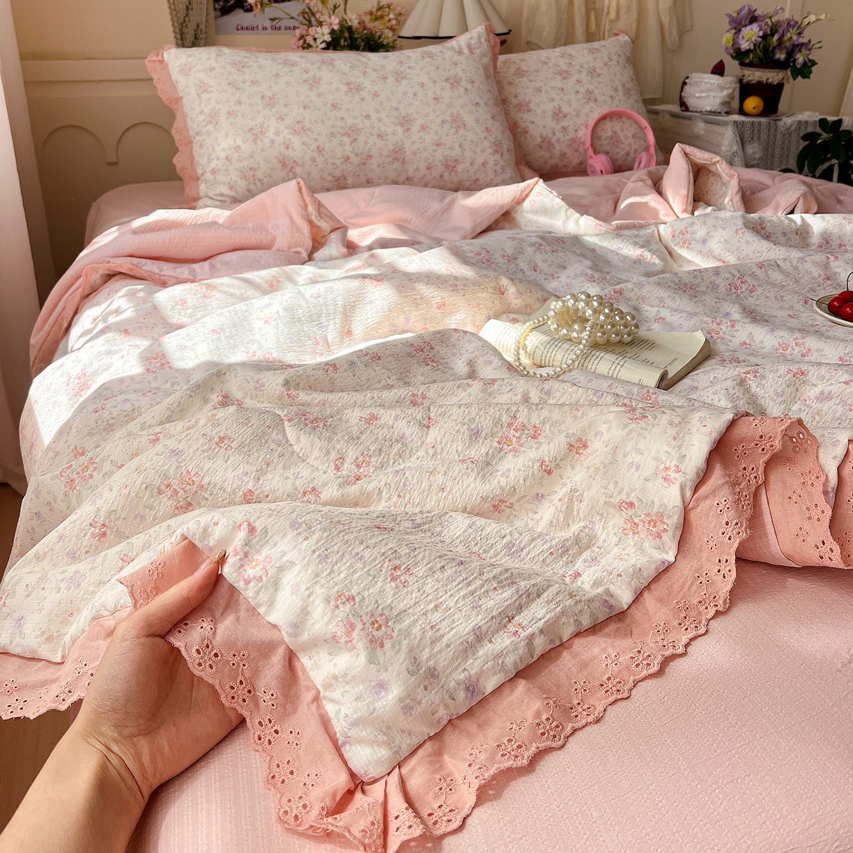 瑞禾家纺 2026新款彩色花边木棉皱皱纱夏被四件套 樱花季