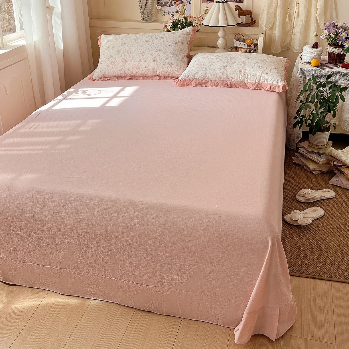 91家纺网 家纺一手货源 找家纺 瑞禾家纺 2026新款彩色花边木棉皱皱纱夏被四件套 樱花季