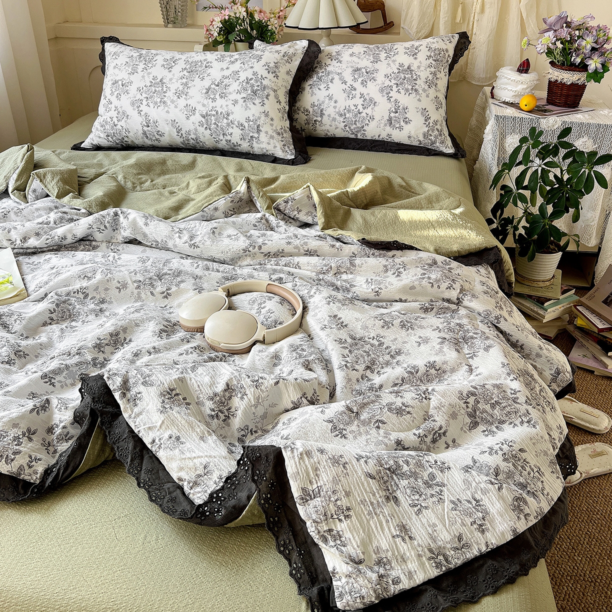 91家纺网 家纺一手货源 找家纺 瑞禾家纺 2026新款彩色花边木棉皱皱纱夏被四件套 悠然