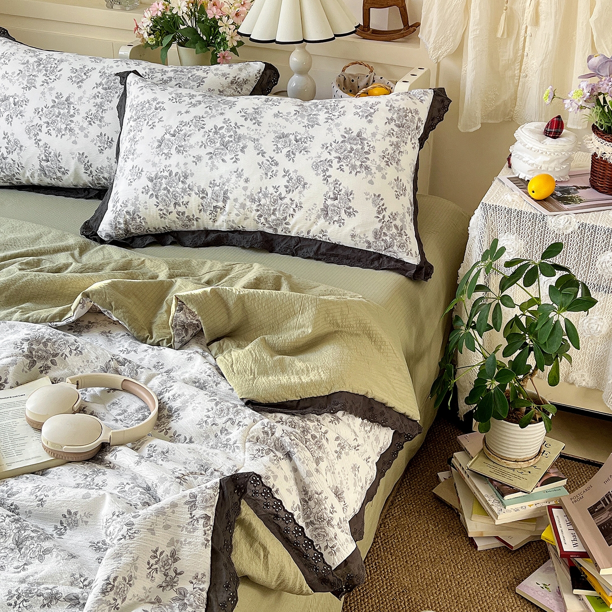 91家纺网 家纺一手货源 找家纺 瑞禾家纺 2026新款彩色花边木棉皱皱纱夏被四件套 悠然