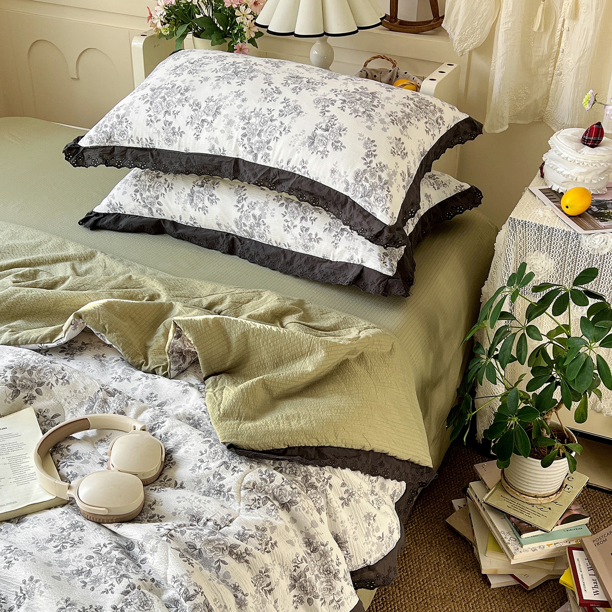 91家纺网 家纺一手货源 找家纺 瑞禾家纺 2026新款彩色花边木棉皱皱纱夏被四件套 悠然