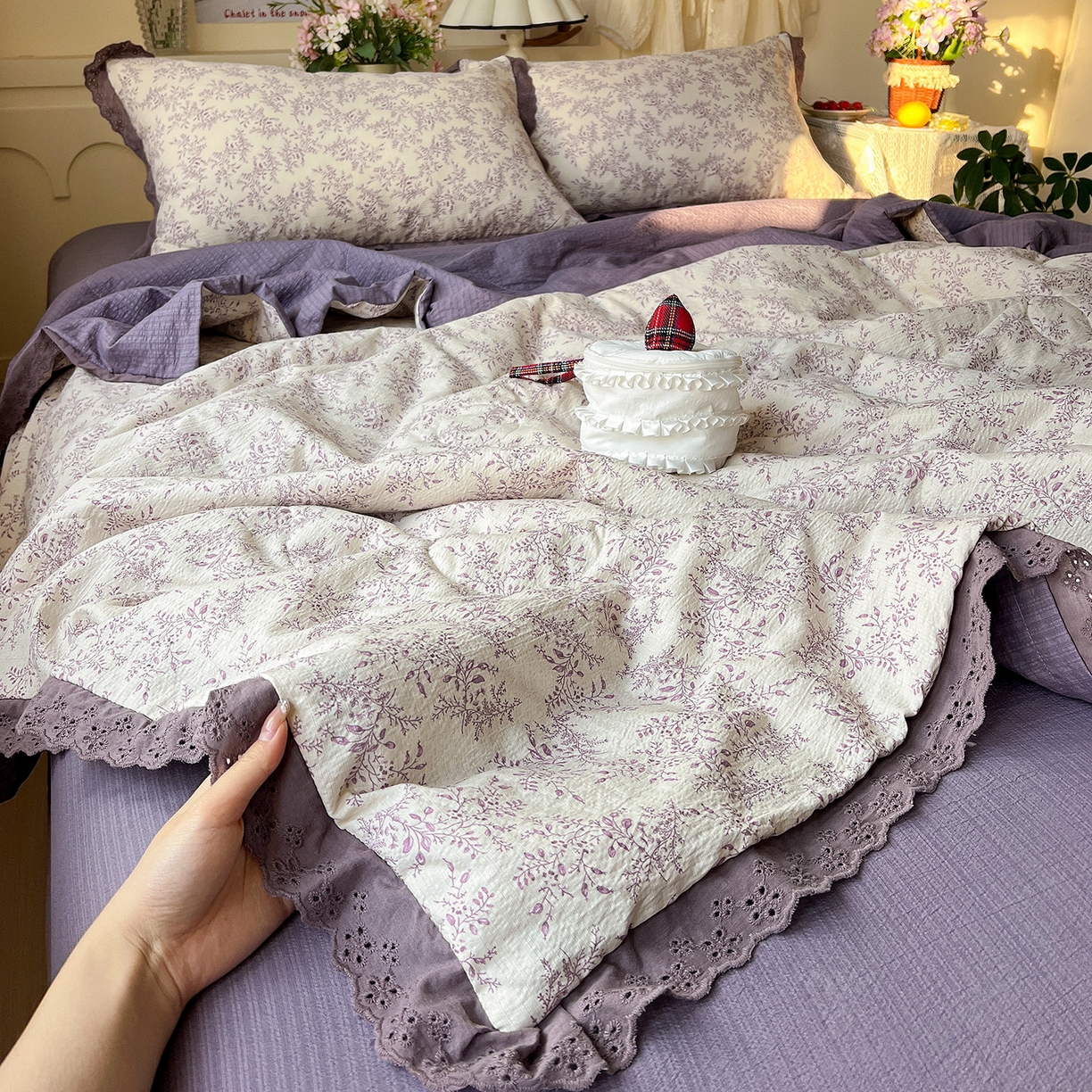 瑞禾家纺 2026新款彩色花边木棉皱皱纱夏被四件套 紫烟