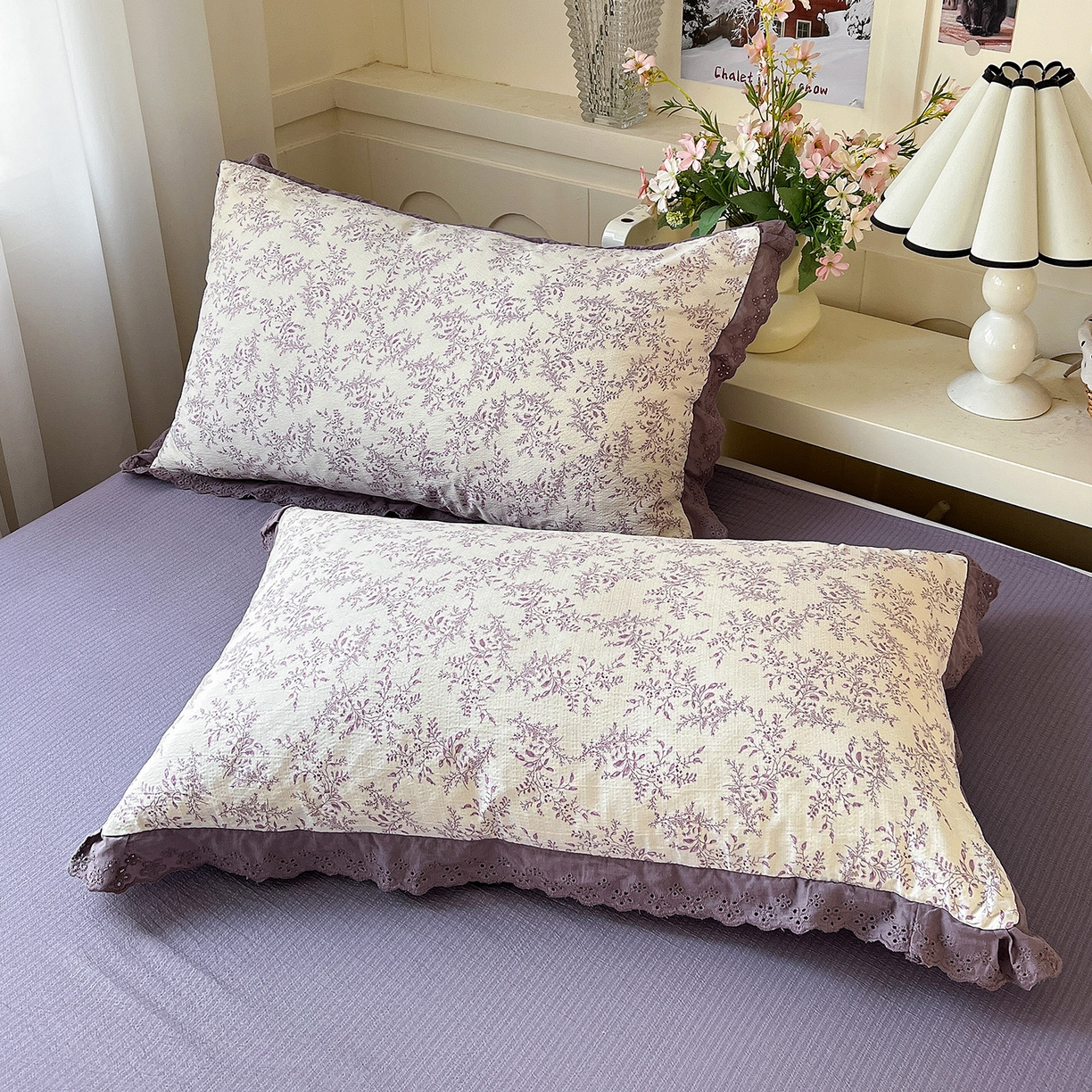 91家纺网 家纺一手货源 找家纺 瑞禾家纺 2026新款彩色花边木棉皱皱纱夏被四件套 紫烟