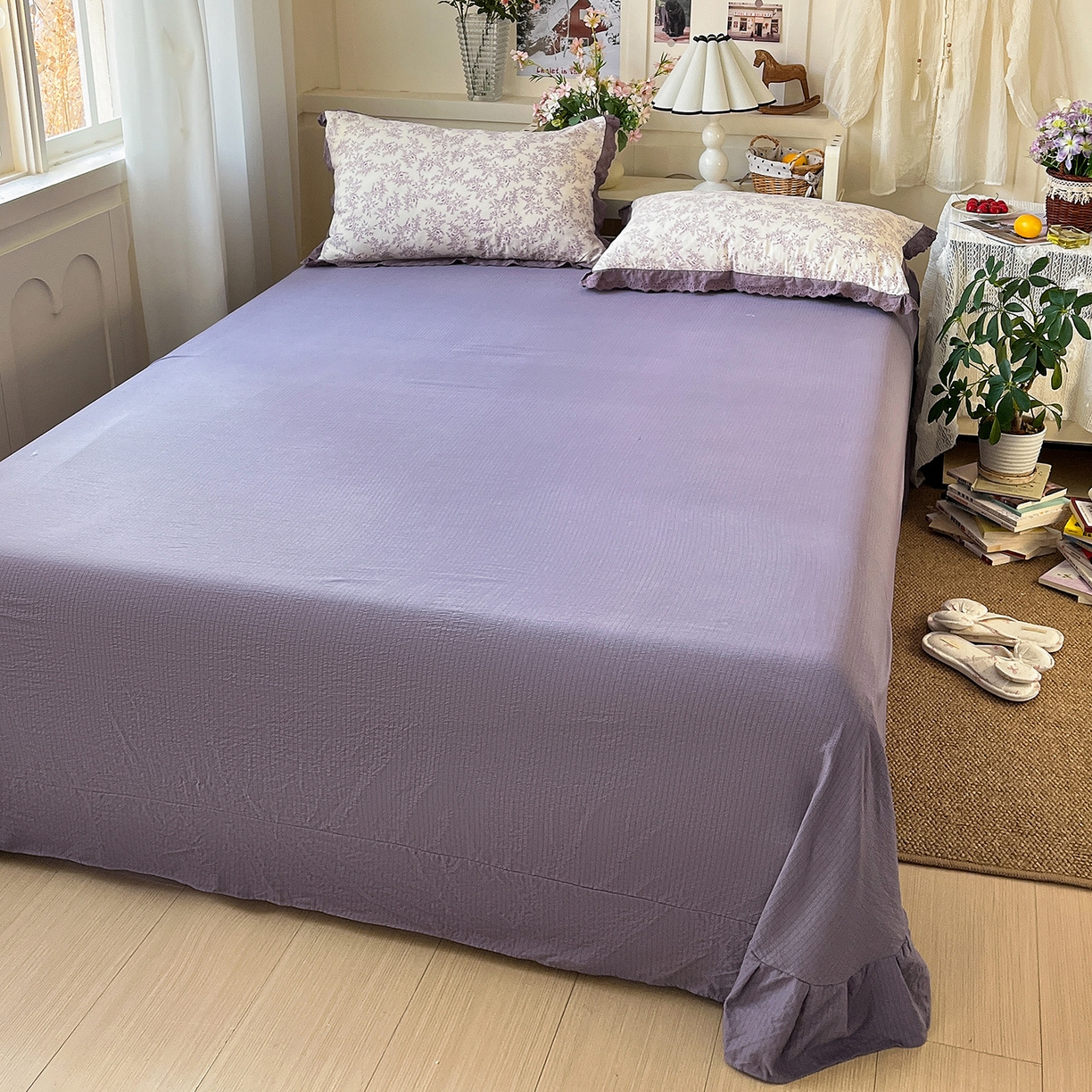 91家纺网 家纺一手货源 找家纺 瑞禾家纺 2026新款彩色花边木棉皱皱纱夏被四件套 紫烟