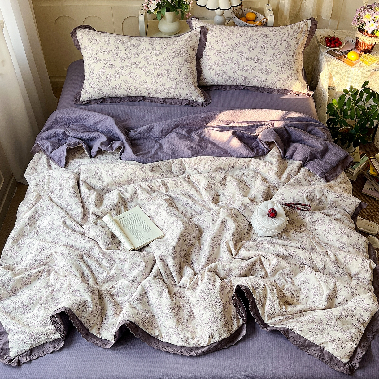 91家纺网 家纺一手货源 找家纺 瑞禾家纺 2026新款彩色花边木棉皱皱纱夏被四件套 紫烟