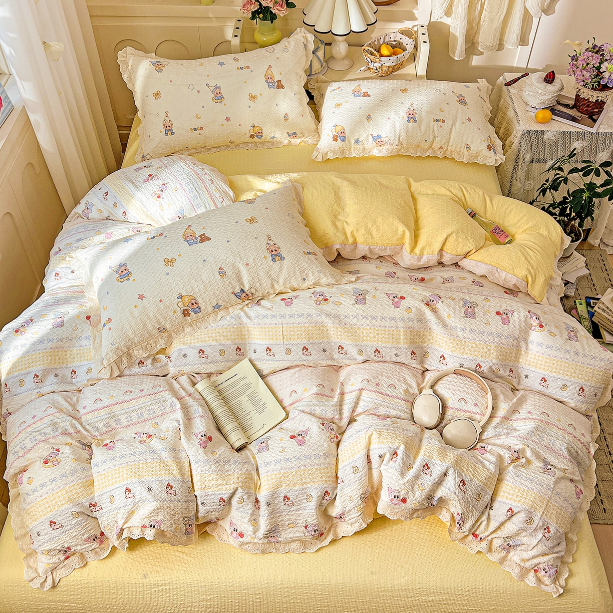 91家纺网 家纺一手货源 找家纺 瑞禾家纺 2026新款泡芙纱花边四件套 捕梦星人 - 黄