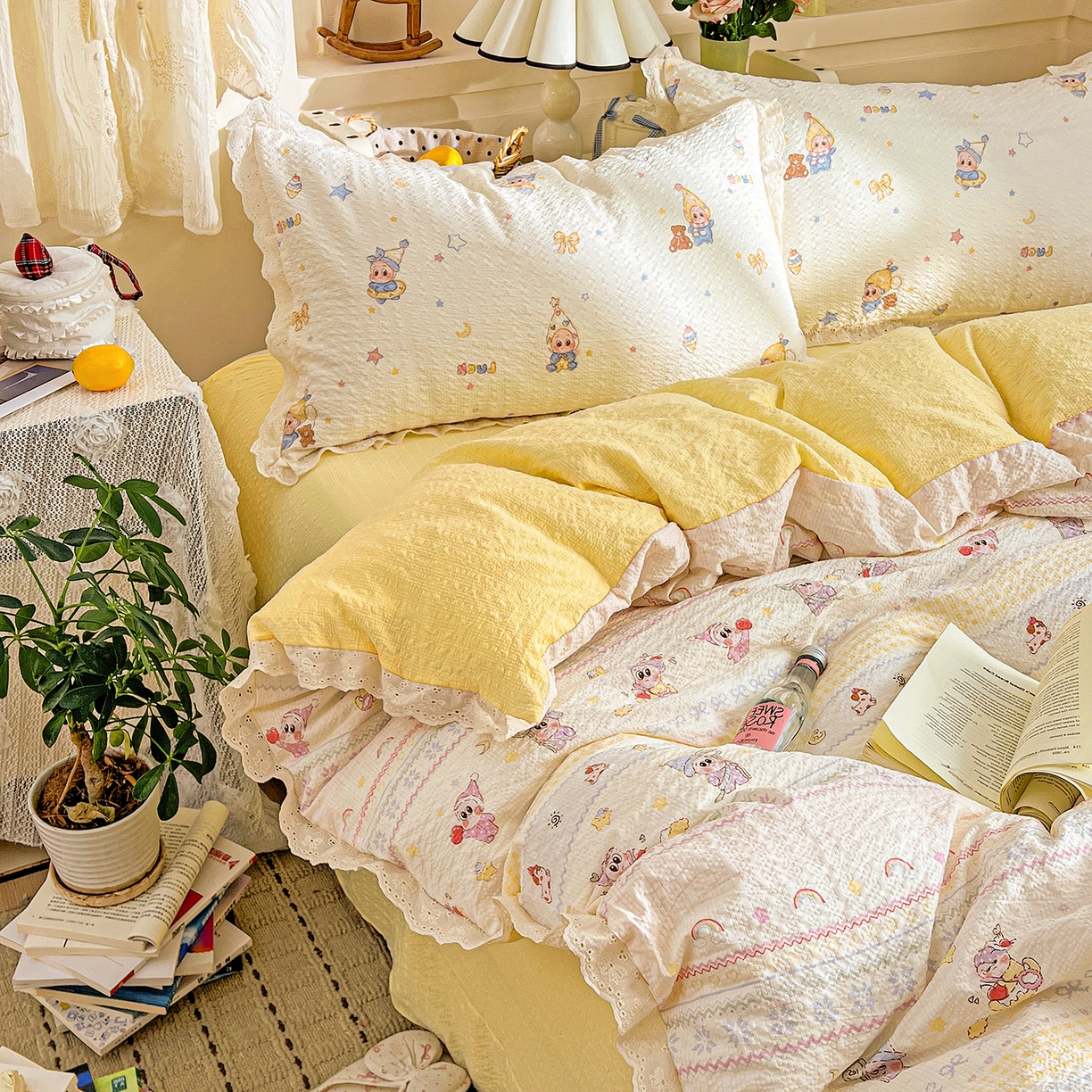 91家纺网 家纺一手货源 找家纺 瑞禾家纺 2026新款泡芙纱花边四件套 捕梦星人 - 黄