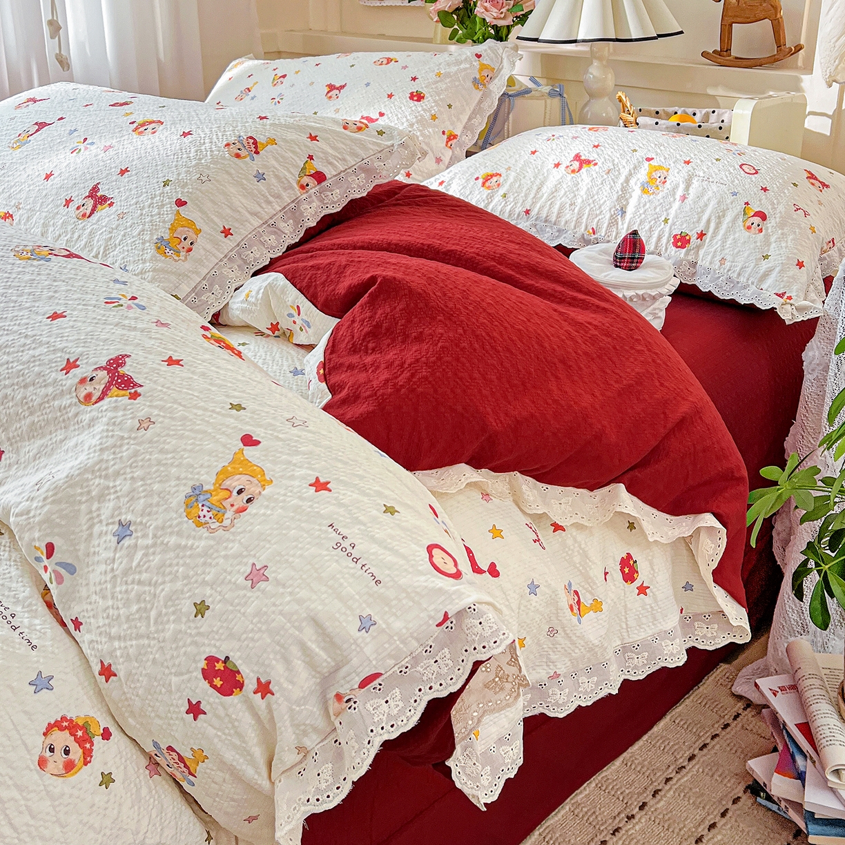 瑞禾家纺 2026新款泡芙纱花边四件套 捕梦星人 - 红
